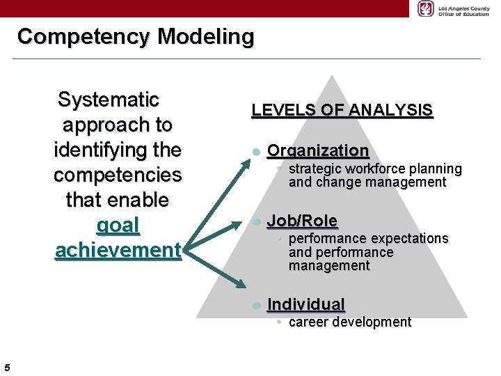 Competency Modeling Systematic approach to identifying the competencies that enable goal achievement LEVELS OF