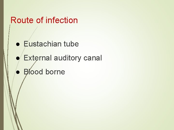 Route of infection ● Eustachian tube ● External auditory canal ● Blood borne 