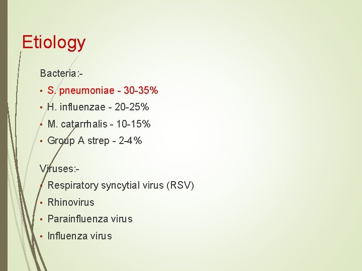 Etiology Bacteria: ▪ S. pneumoniae - 30 -35% ▪ H. influenzae - 20 -25%