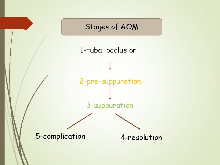 Stages of AOM 1 -tubal occlusion 2 -pre-suppuration 3 -suppuration 5 -complication 4 -resolution