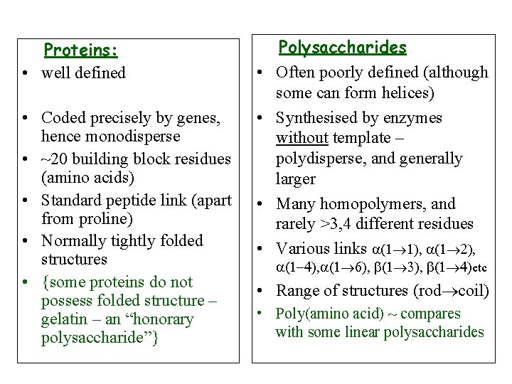 Proteins: • well defined • Coded precisely by genes, hence monodisperse • ~20 building