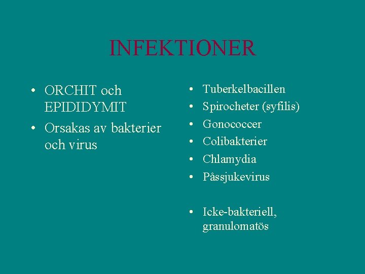 INFEKTIONER • ORCHIT och EPIDIDYMIT • Orsakas av bakterier och virus • • •