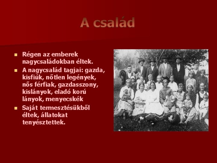 Régen az emberek nagycsaládokban éltek. n A nagycsalád tagjai: gazda, kisfiúk, nőtlen legények, nős