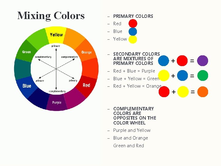 Mixing Colors – PRIMARY COLORS – Red – Blue – Yellow – SECONDARY COLORS
