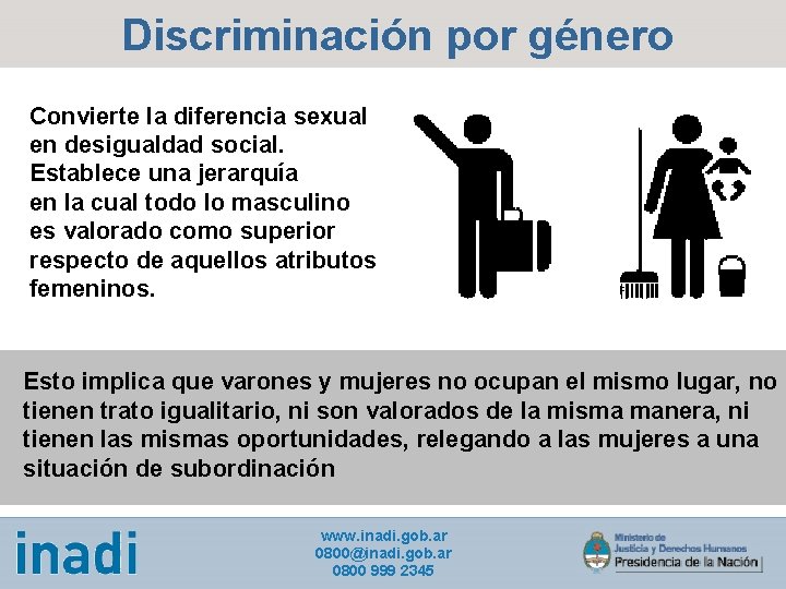 Discriminación por género Convierte la diferencia sexual en desigualdad social. Establece una jerarquía en