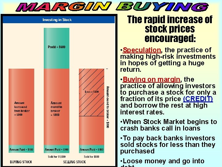 The rapid increase of stock prices encouraged: • Speculation, Speculation the practice of making