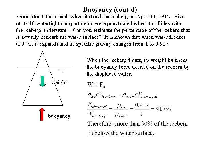 Buoyancy (cont’d) Example: Titanic sank when it struck an iceberg on April 14, 1912.