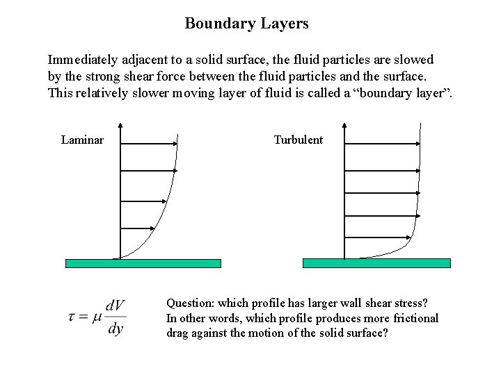 Boundary Layers Immediately adjacent to a solid surface, the fluid particles are slowed by