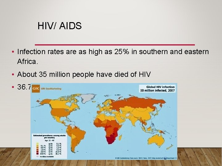 HIV/ AIDS • Infection rates are as high as 25% in southern and eastern