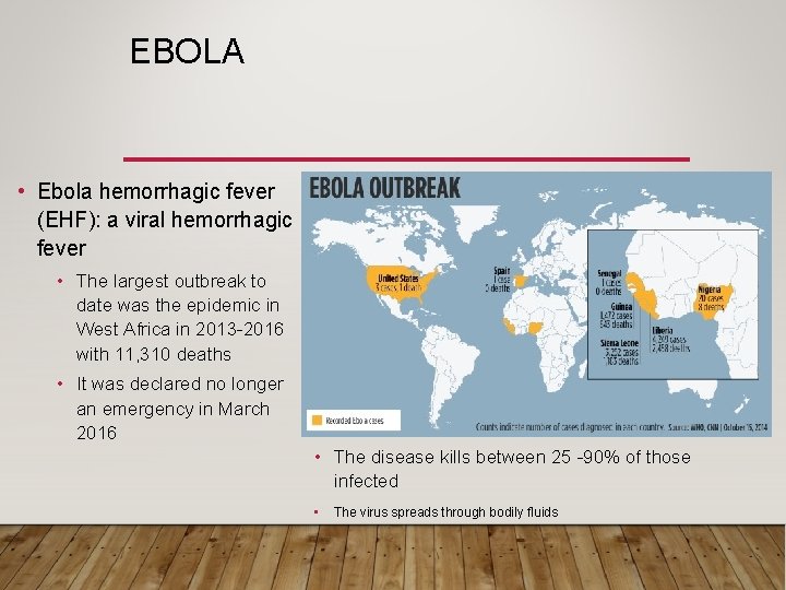 EBOLA • Ebola hemorrhagic fever (EHF): a viral hemorrhagic fever • The largest outbreak