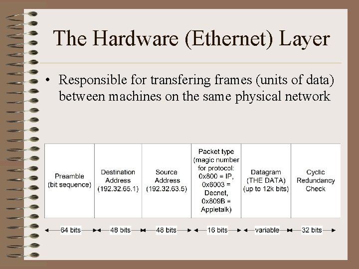 The Hardware (Ethernet) Layer • Responsible for transfering frames (units of data) between machines The Hardware (Ethernet) Layer • Responsible for transfering frames (units of data) between machines