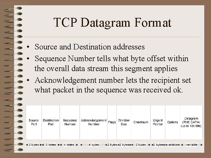 TCP Datagram Format • Source and Destination addresses • Sequence Number tells what byte