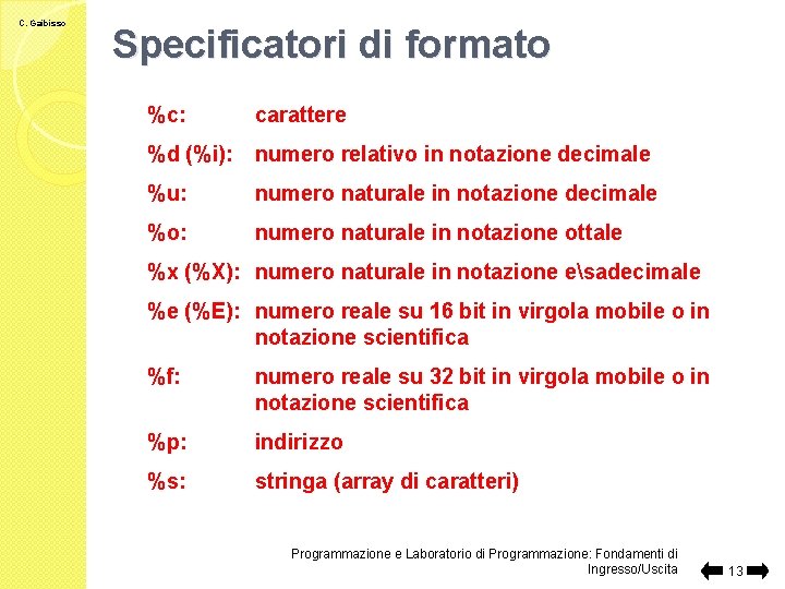 C. Gaibisso Specificatori di formato %c: carattere %d (%i): numero relativo in notazione decimale