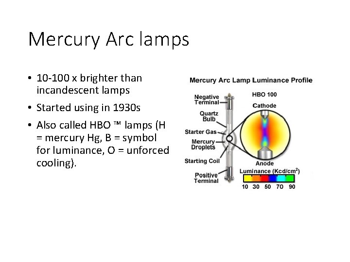 Mercury Arc lamps • 10 -100 x brighter than incandescent lamps • Started using