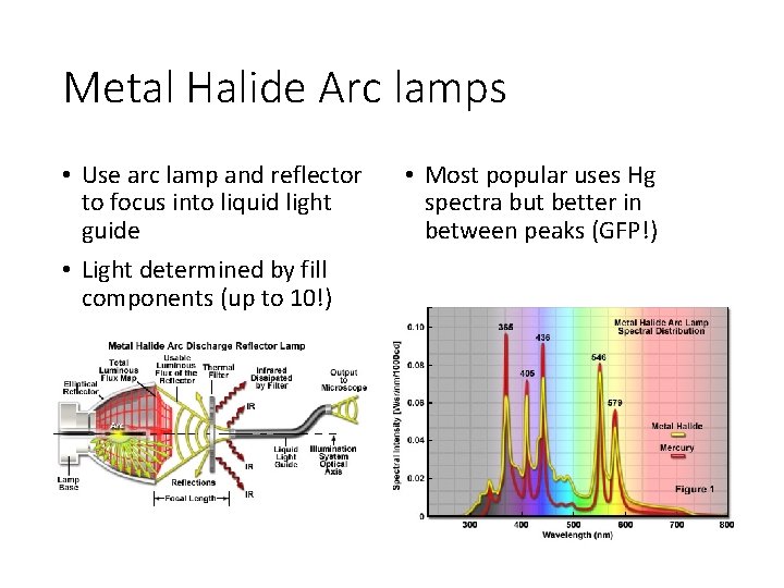 Metal Halide Arc lamps • Use arc lamp and reflector to focus into liquid