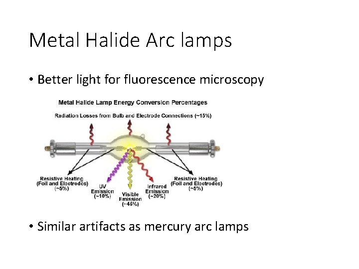 Metal Halide Arc lamps • Better light for fluorescence microscopy • Similar artifacts as