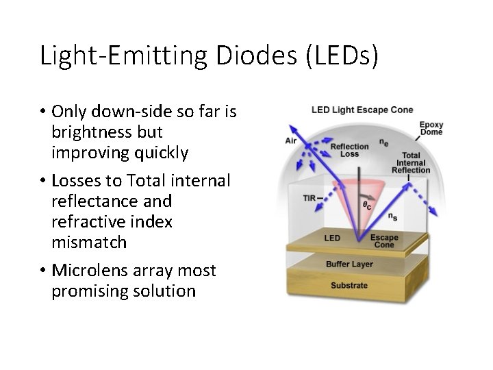 Light-Emitting Diodes (LEDs) • Only down-side so far is brightness but improving quickly •