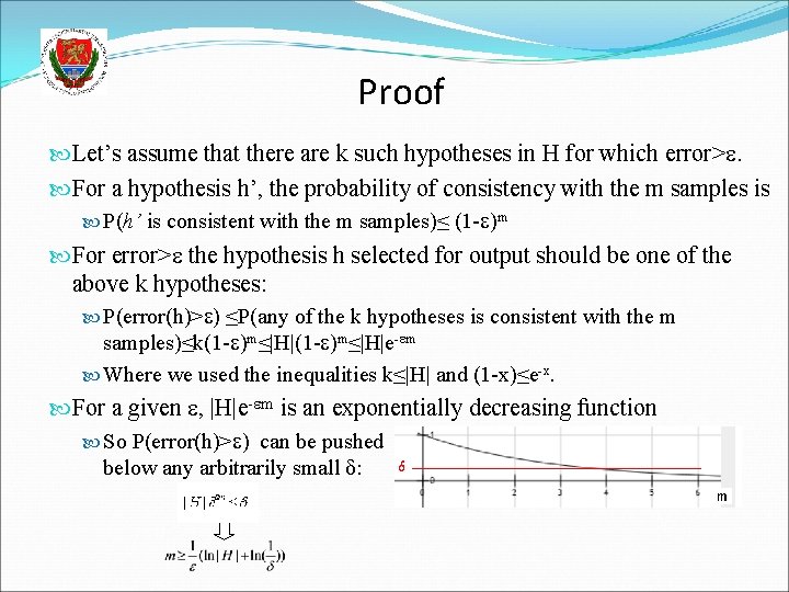 Proof Let’s assume that there are k such hypotheses in H for which error>.