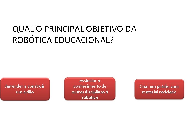 QUAL O PRINCIPAL OBJETIVO DA ROBÓTICA EDUCACIONAL? Aprender a construir um avião Assimilar o