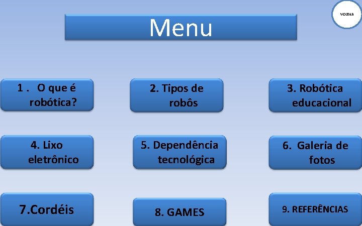 Menu 1. O que é robótica? 4. Lixo eletrônico 7. Cordéis 2. Tipos de