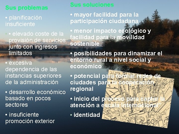 Sus problemas • planificación insuficiente Sus soluciones • mayor facilidad para la participación ciudadana