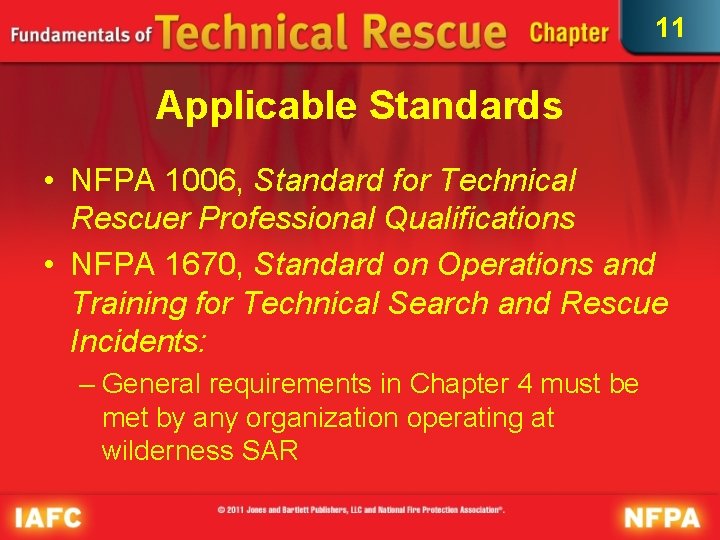 11 Applicable Standards • NFPA 1006, Standard for Technical Rescuer Professional Qualifications • NFPA