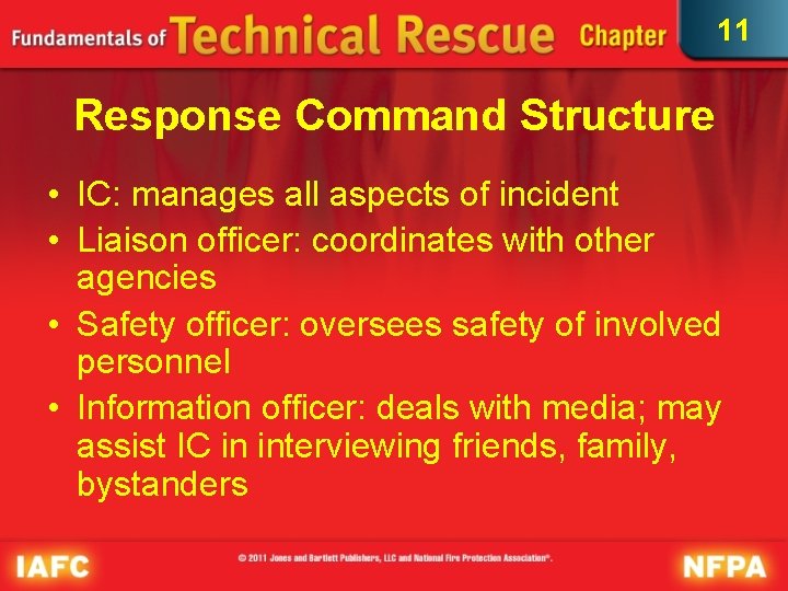 11 Response Command Structure • IC: manages all aspects of incident • Liaison officer: