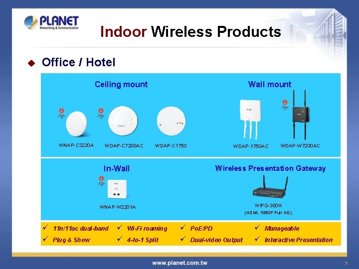 Indoor Wireless Products u Office / Hotel Ceiling mount WNAP-C 3220 A WDAP-C 7200
