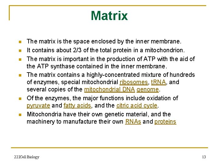 Matrix n n n The matrix is the space enclosed by the inner membrane.