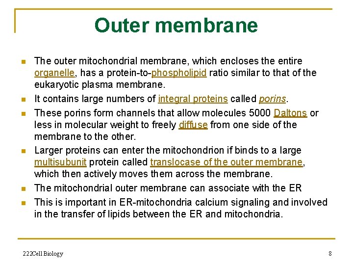 Outer membrane n n n The outer mitochondrial membrane, which encloses the entire organelle,