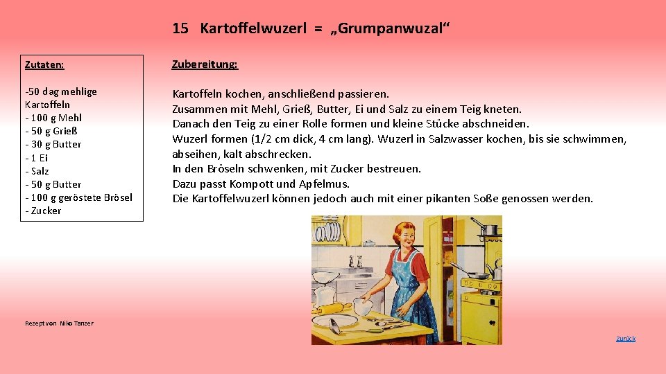 15 Kartoffelwuzerl = „Grumpanwuzal“ Zutaten: Zubereitung: -50 dag mehlige Kartoffeln - 100 g Mehl