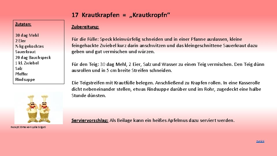17 Krautkrapfen = „Krautkropfn“ Zutaten: 30 dag Mehl 2 Eier ½ kg gekochtes Sauerkraut