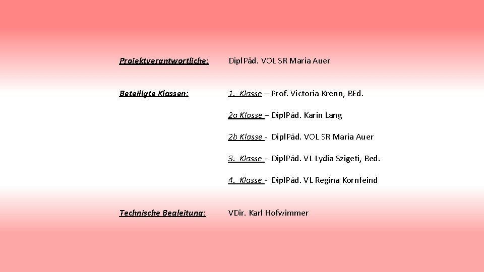 Projektverantwortliche: Dipl. Päd. VOL SR Maria Auer Beteiligte Klassen: 1. Klasse – Prof. Victoria