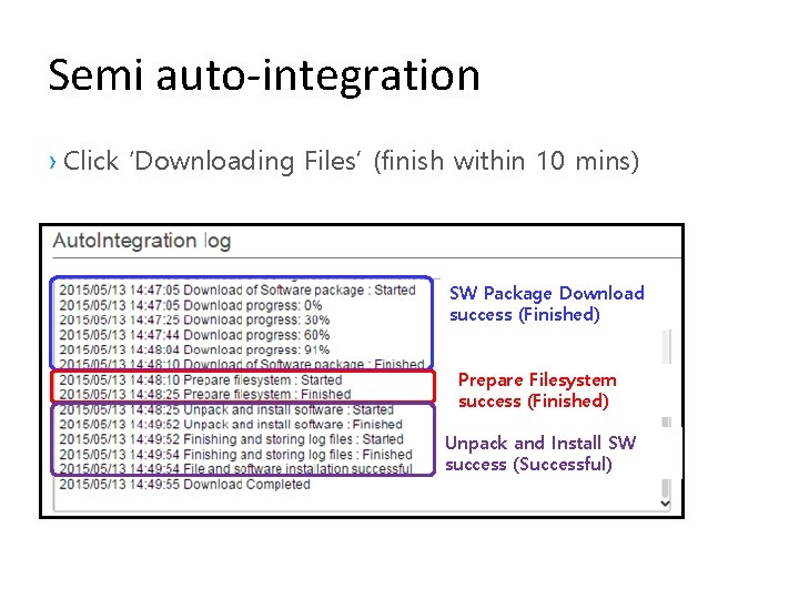 Semi auto-integration › Click ‘Downloading Files’ (finish within 10 mins) SW Package Download success
