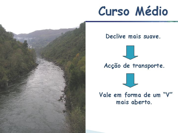 Curso Médio Declive mais suave. Acção de transporte. Vale em forma de um “V”