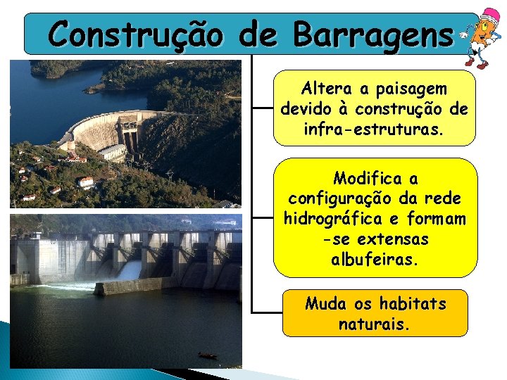 Construção de Barragens Altera a paisagem devido à construção de infra-estruturas. Modifica a configuração