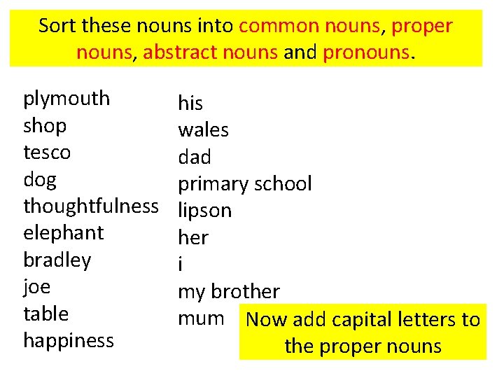 Sort these nouns into common nouns, proper nouns, abstract nouns and pronouns. plymouth shop