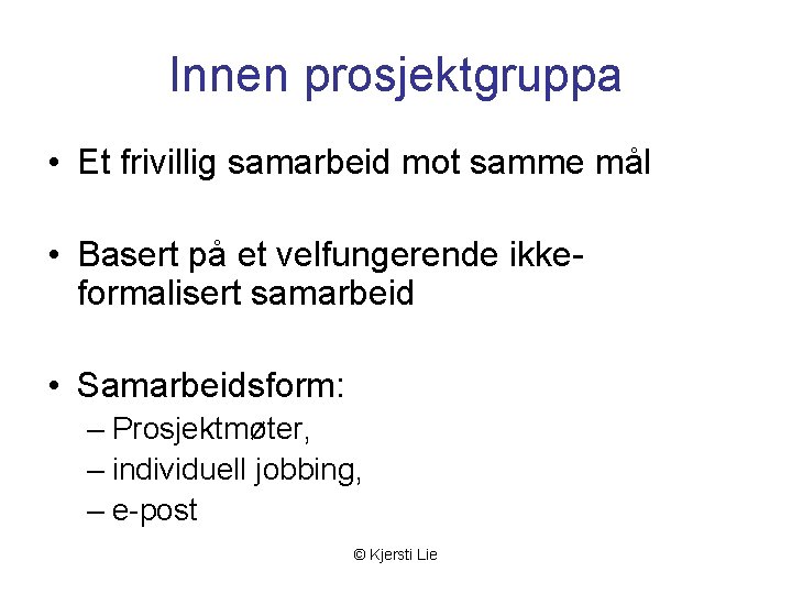 Innen prosjektgruppa • Et frivillig samarbeid mot samme mål • Basert på et velfungerende