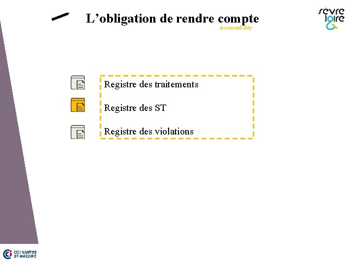 L’obligation de rendre compte Accountability Registre des traitements Registre des ST Registre des violations