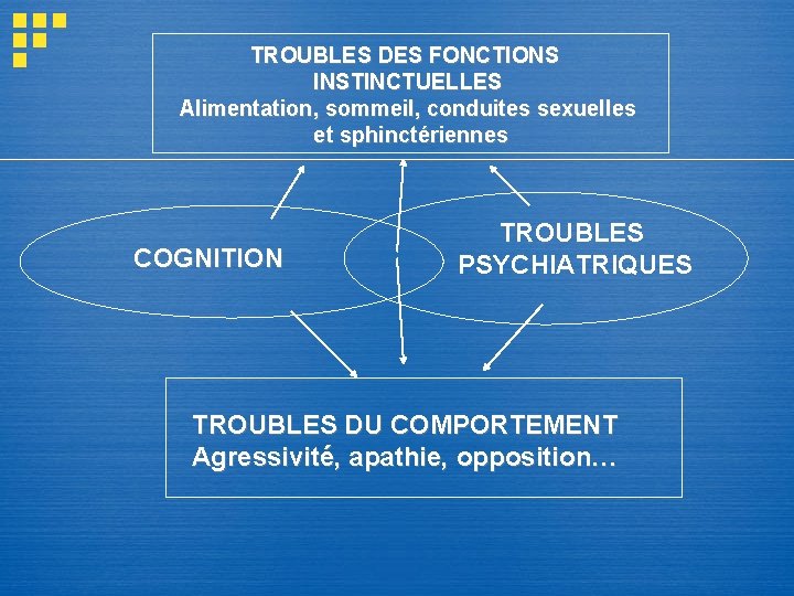 TROUBLES DES FONCTIONS INSTINCTUELLES Alimentation, sommeil, conduites sexuelles et sphinctériennes COGNITION TROUBLES PSYCHIATRIQUES TROUBLES TROUBLES DES FONCTIONS INSTINCTUELLES Alimentation, sommeil, conduites sexuelles et sphinctériennes COGNITION TROUBLES PSYCHIATRIQUES TROUBLES