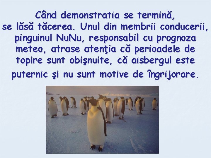 Când demonstratia se termină, se lăsă tăcerea. Unul din membrii conducerii, pinguinul Nu. Nu,