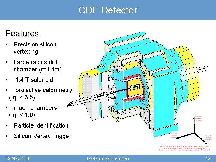 CDF Detector Features: • Precision silicon vertexing • Large radius drift chamber (r=1. 4