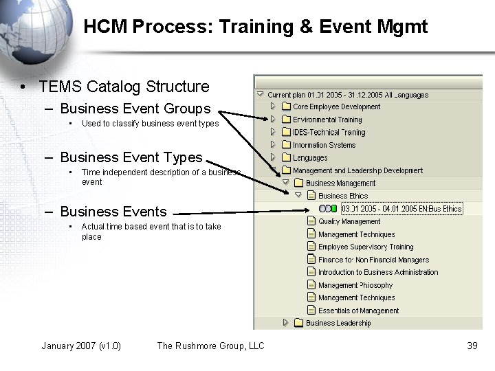 HCM Process: Training & Event Mgmt • TEMS Catalog Structure – Business Event Groups