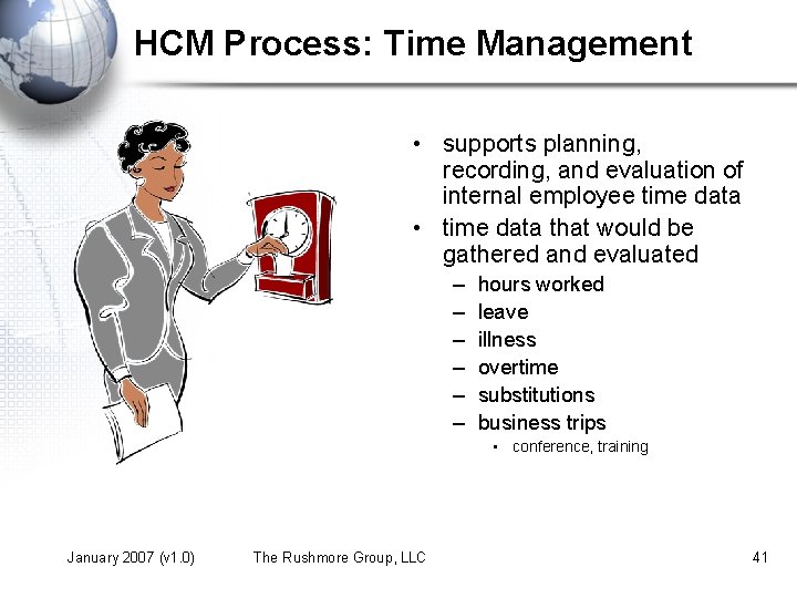 HCM Process: Time Management • supports planning, recording, and evaluation of internal employee time