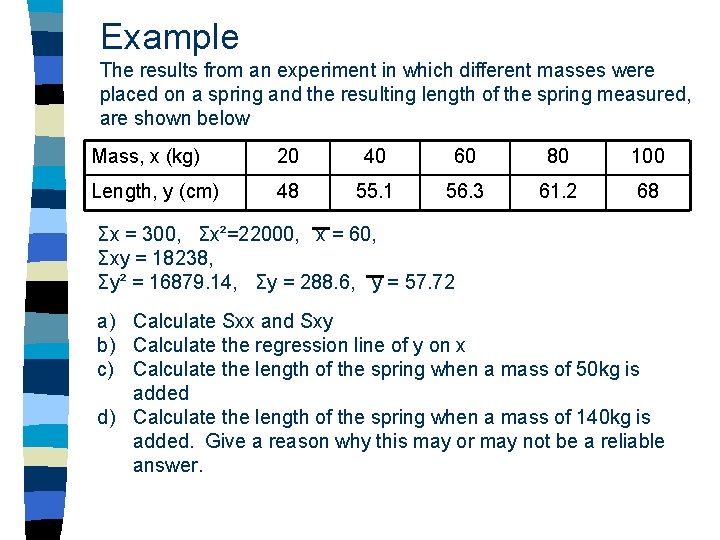 Example The results from an experiment in which different masses were placed on a