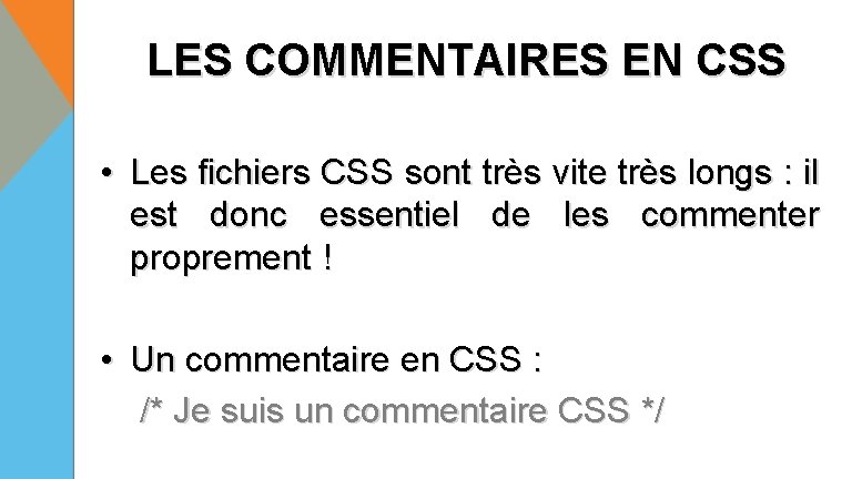 LES COMMENTAIRES EN CSS • Les fichiers CSS sont très vite très longs :