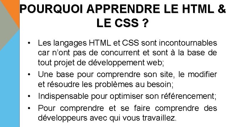 POURQUOI APPRENDRE LE HTML & LE CSS ? • Les langages HTML et CSS