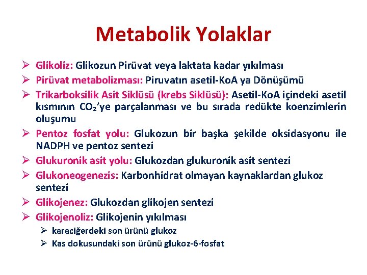 Metabolik Yolaklar Ø Glikoliz: Glikozun Pirüvat veya laktata kadar yıkılması Ø Pirüvat metabolizması: Piruvatın