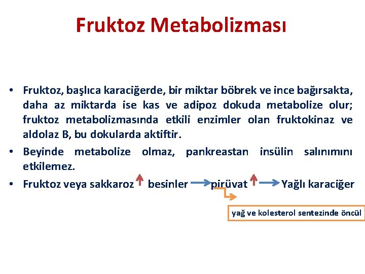 Fruktoz Metabolizması • Fruktoz, başlıca karaciğerde, bir miktar böbrek ve ince bağırsakta, daha az