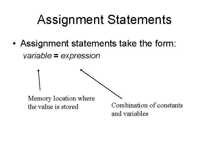 Assignment Statements • Assignment statements take the form: variable = expression Memory location where